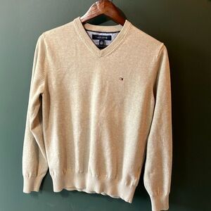 Tommy Hilfiger Tan V-Neck Sweater with Ribbed Details
